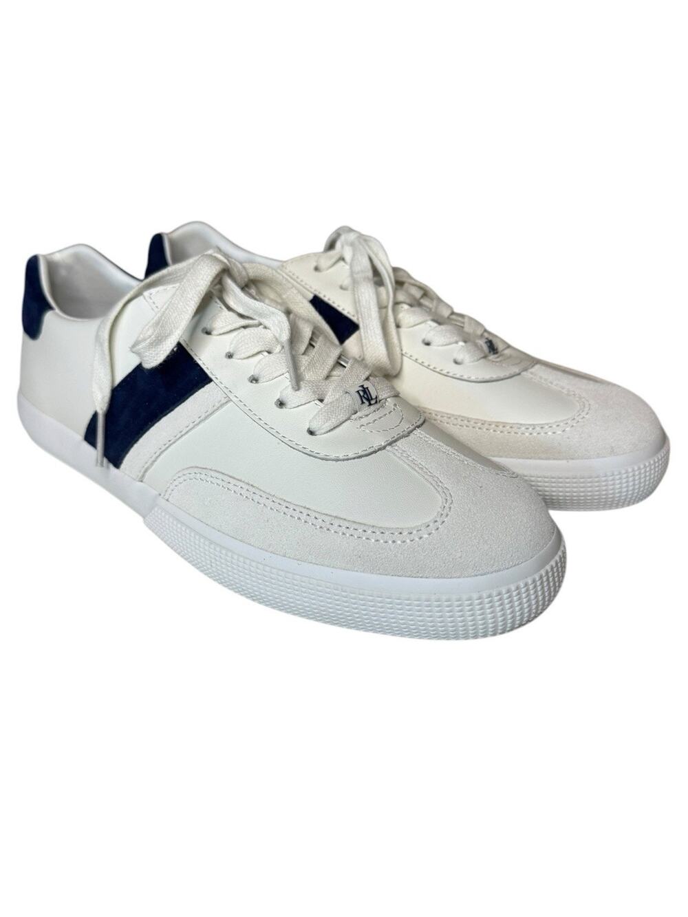 Ralph Lauren NEW Braylee Round Toe Sneakers White Navy Blue Women Size 9 Leather